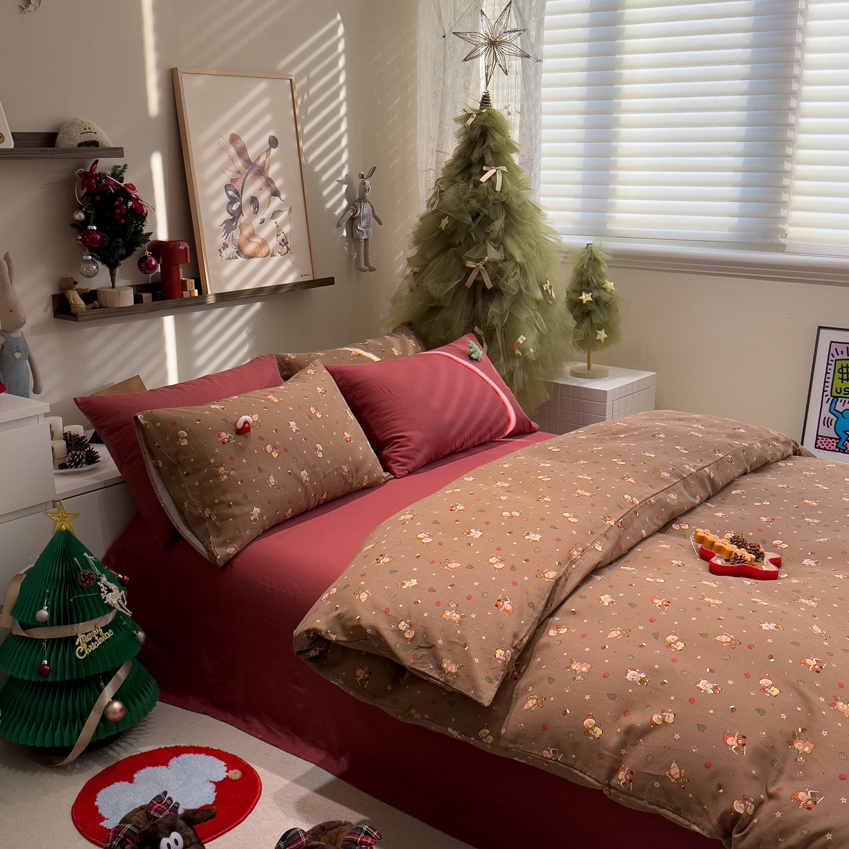 91家纺网 家纺一手货源 找家纺 呗旺鹿 2025新款全棉纯棉有氧双层纱圣诞气氛款四件套 圣诞手账 咖