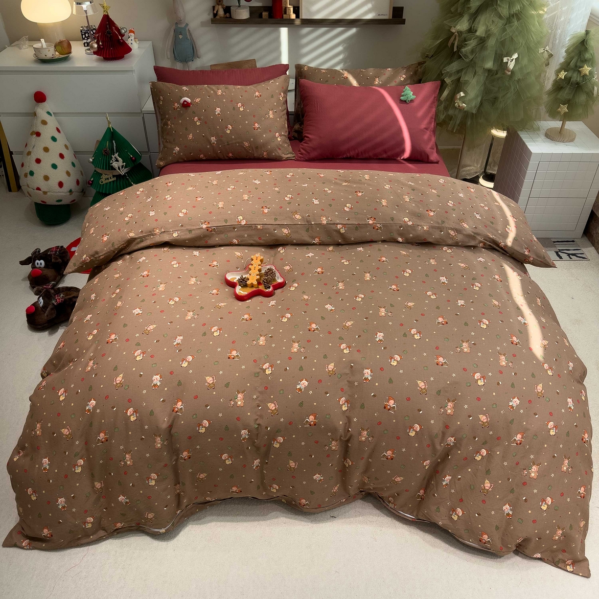 呗旺鹿 2025新款全棉纯棉有氧双层纱圣诞气氛款四件套 圣诞手账 咖