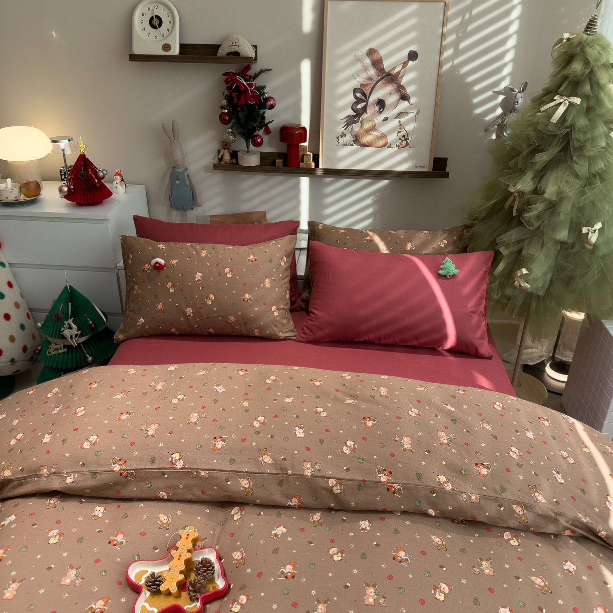 91家纺网 家纺一手货源 找家纺 呗旺鹿 2025新款全棉纯棉有氧双层纱圣诞气氛款四件套 圣诞手账 咖