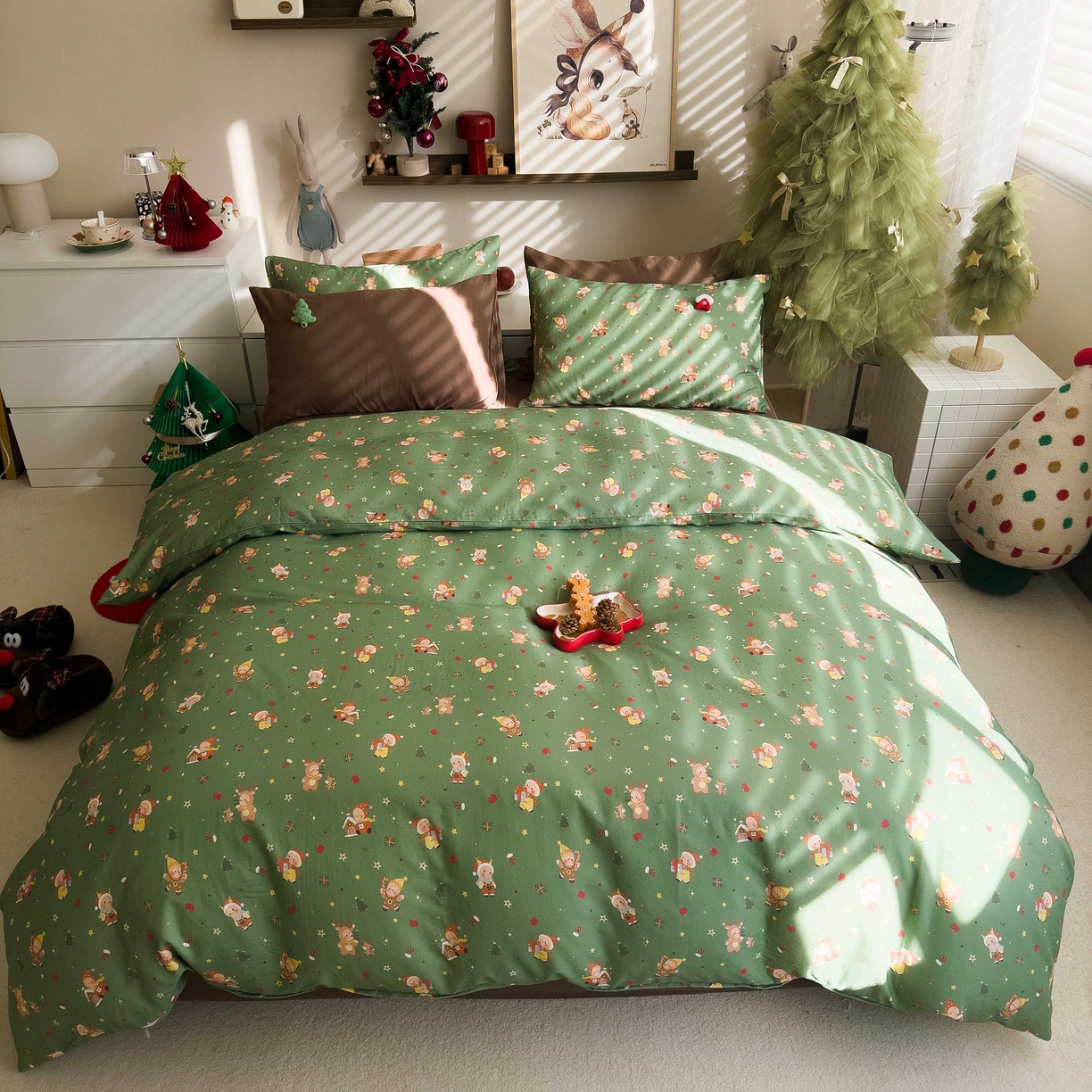 呗旺鹿 2025新款全棉纯棉有氧双层纱圣诞气氛款四件套 圣诞手账 绿