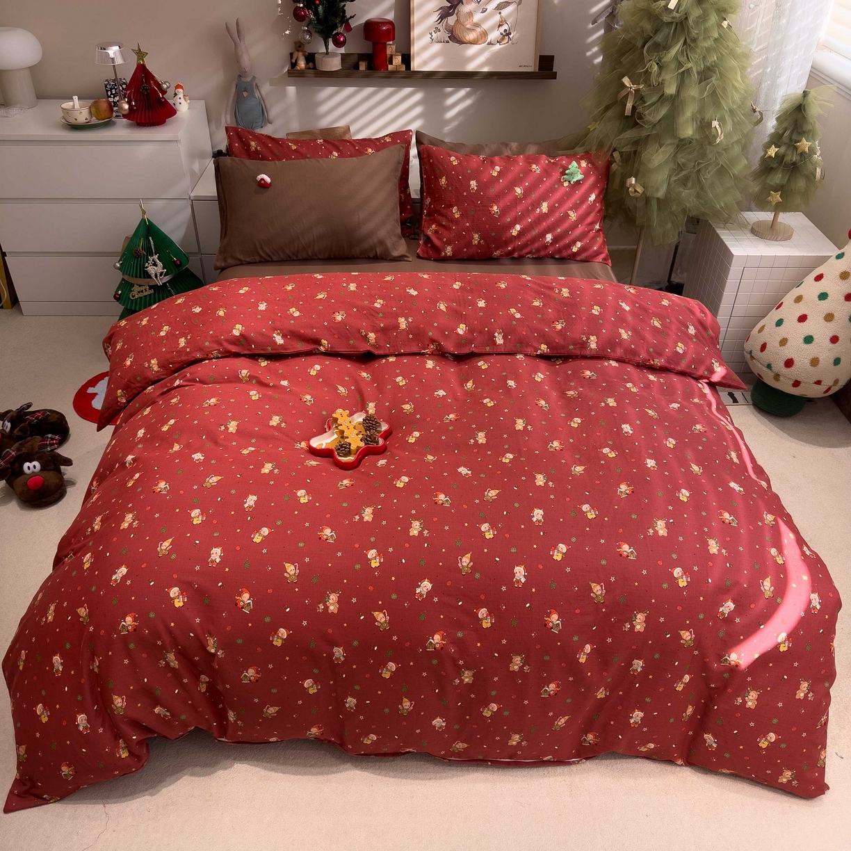 呗旺鹿 2025新款全棉纯棉有氧双层纱圣诞气氛款四件套 圣诞手账 红