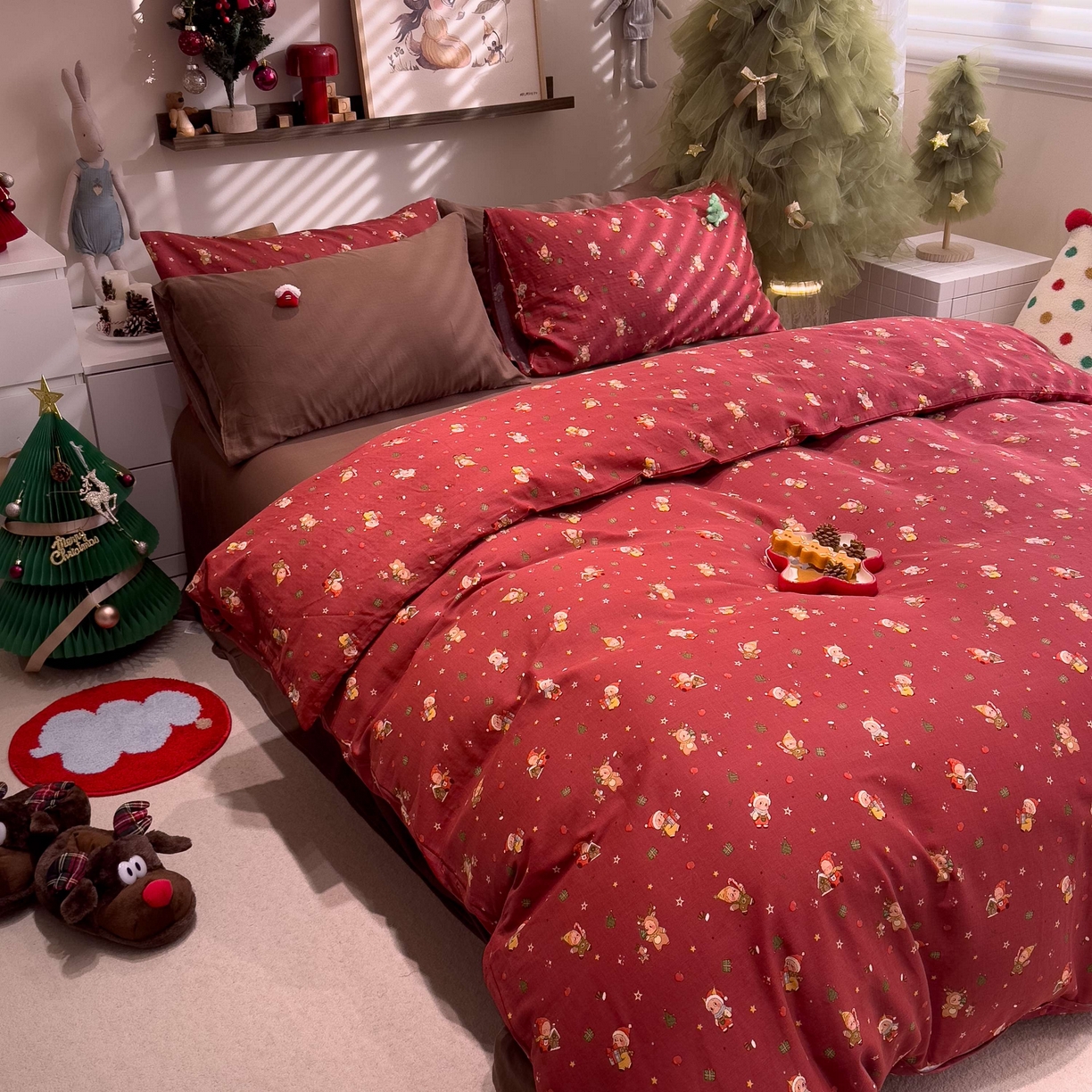 91家纺网 家纺一手货源 找家纺 呗旺鹿 2025新款全棉纯棉有氧双层纱圣诞气氛款四件套 圣诞手账 红