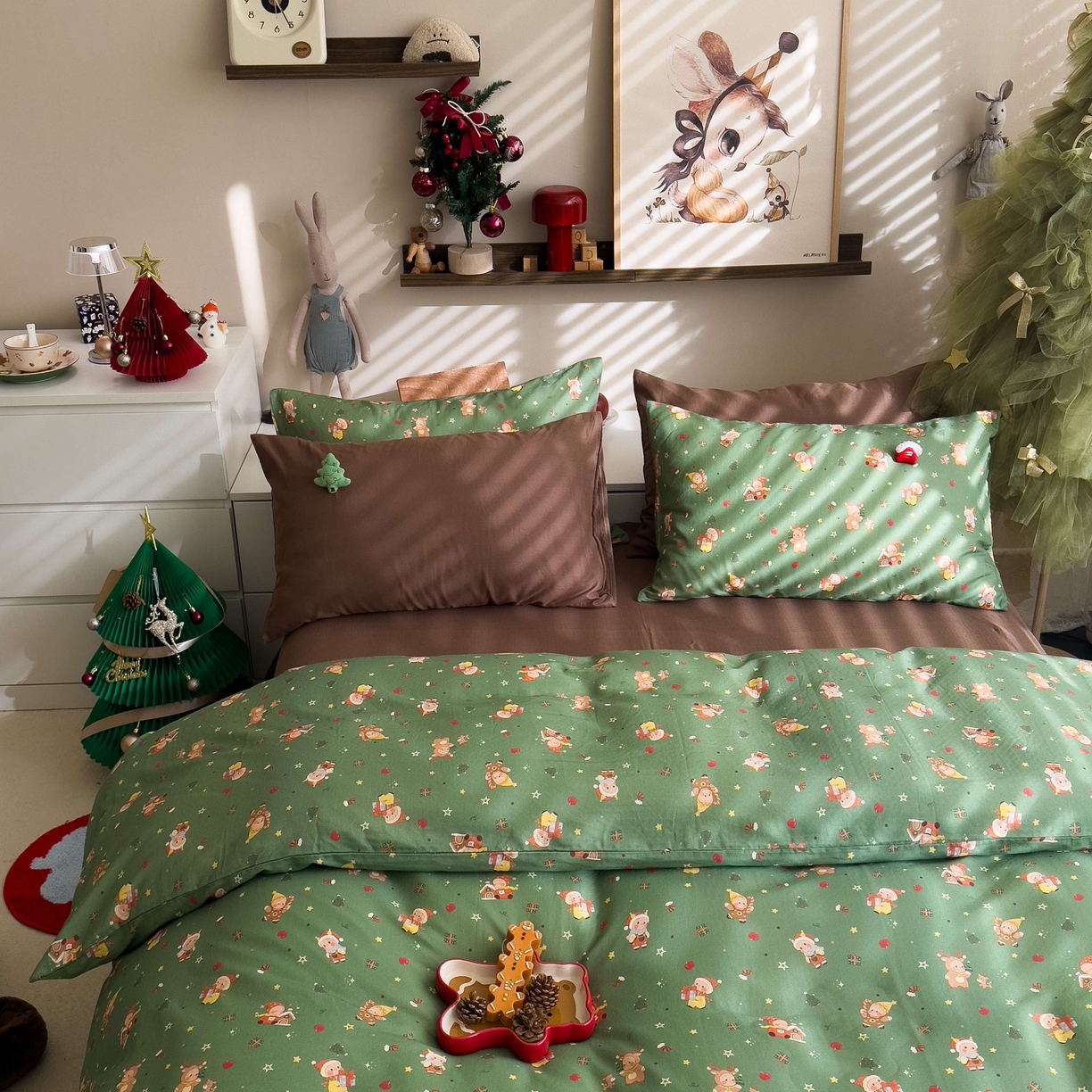 91家纺网 家纺一手货源 找家纺 呗旺鹿 2025新款全棉纯棉有氧双层纱圣诞气氛款四件套 圣诞手账 绿