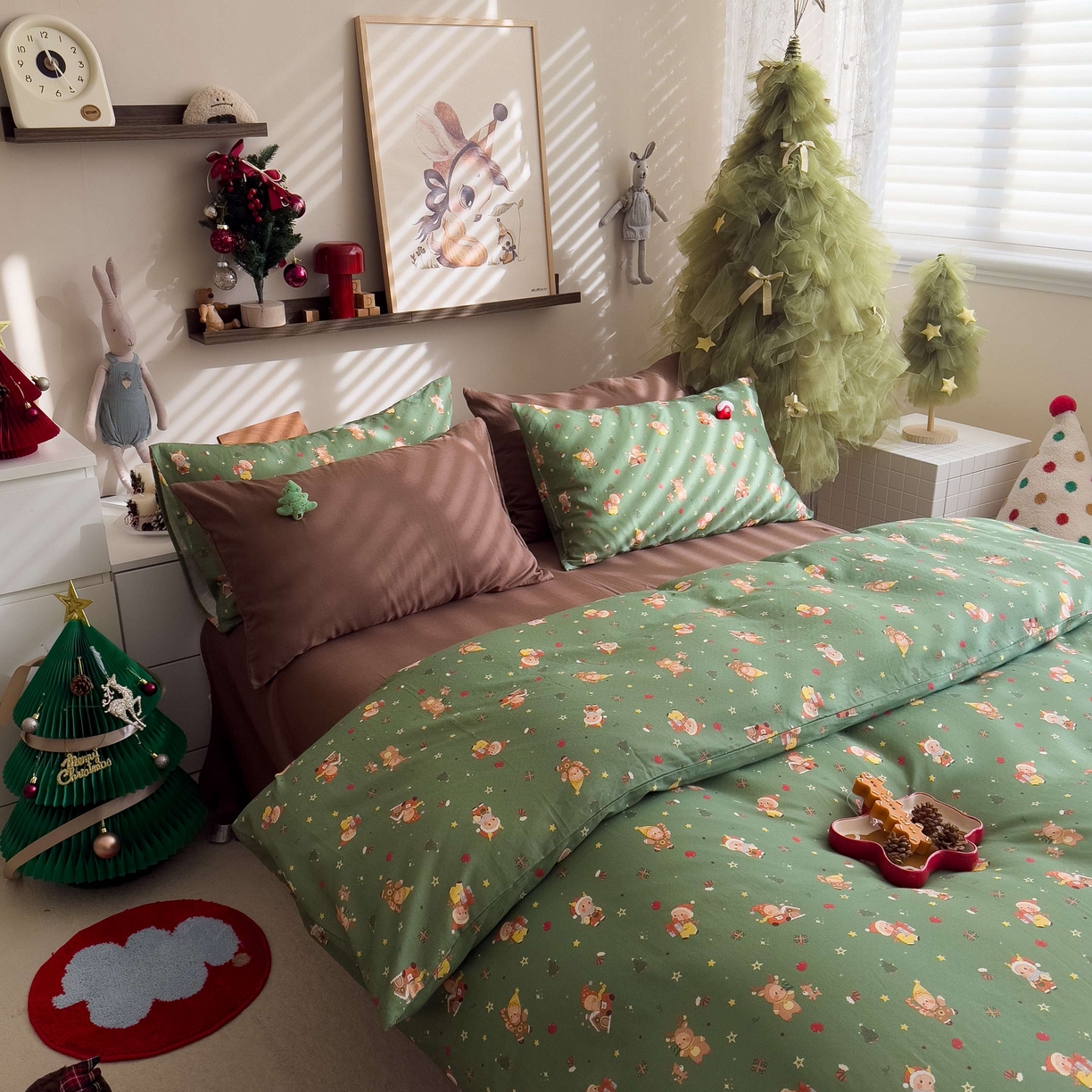 91家纺网 家纺一手货源 找家纺 呗旺鹿 2025新款全棉纯棉有氧双层纱圣诞气氛款四件套 圣诞手账 绿