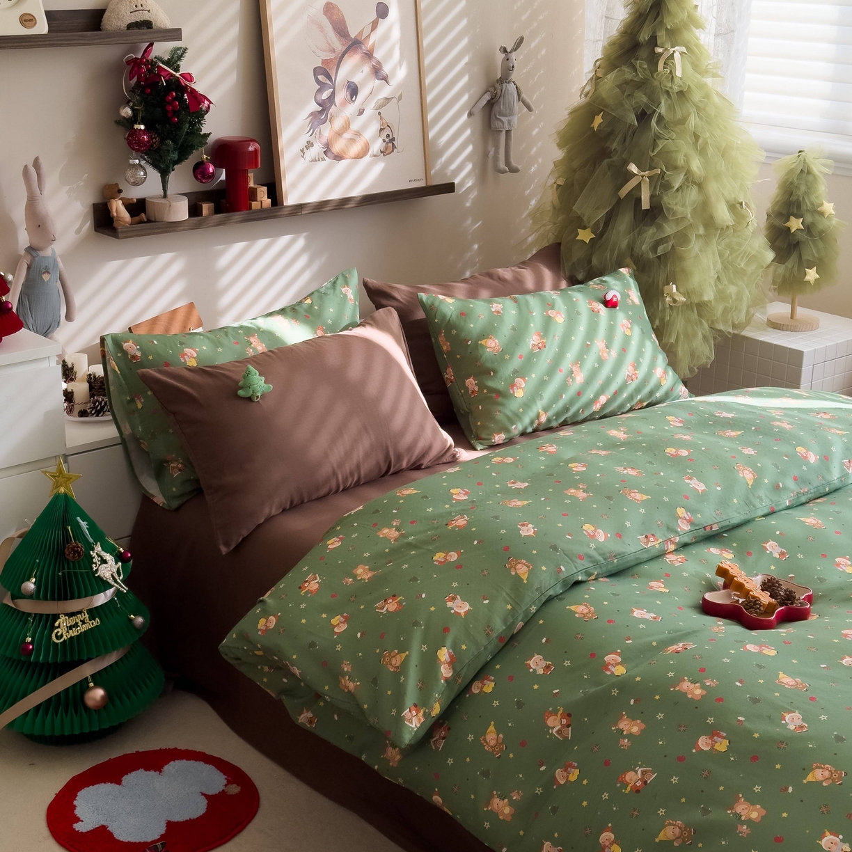 91家纺网 家纺一手货源 找家纺 呗旺鹿 2025新款全棉纯棉有氧双层纱圣诞气氛款四件套 圣诞手账 绿