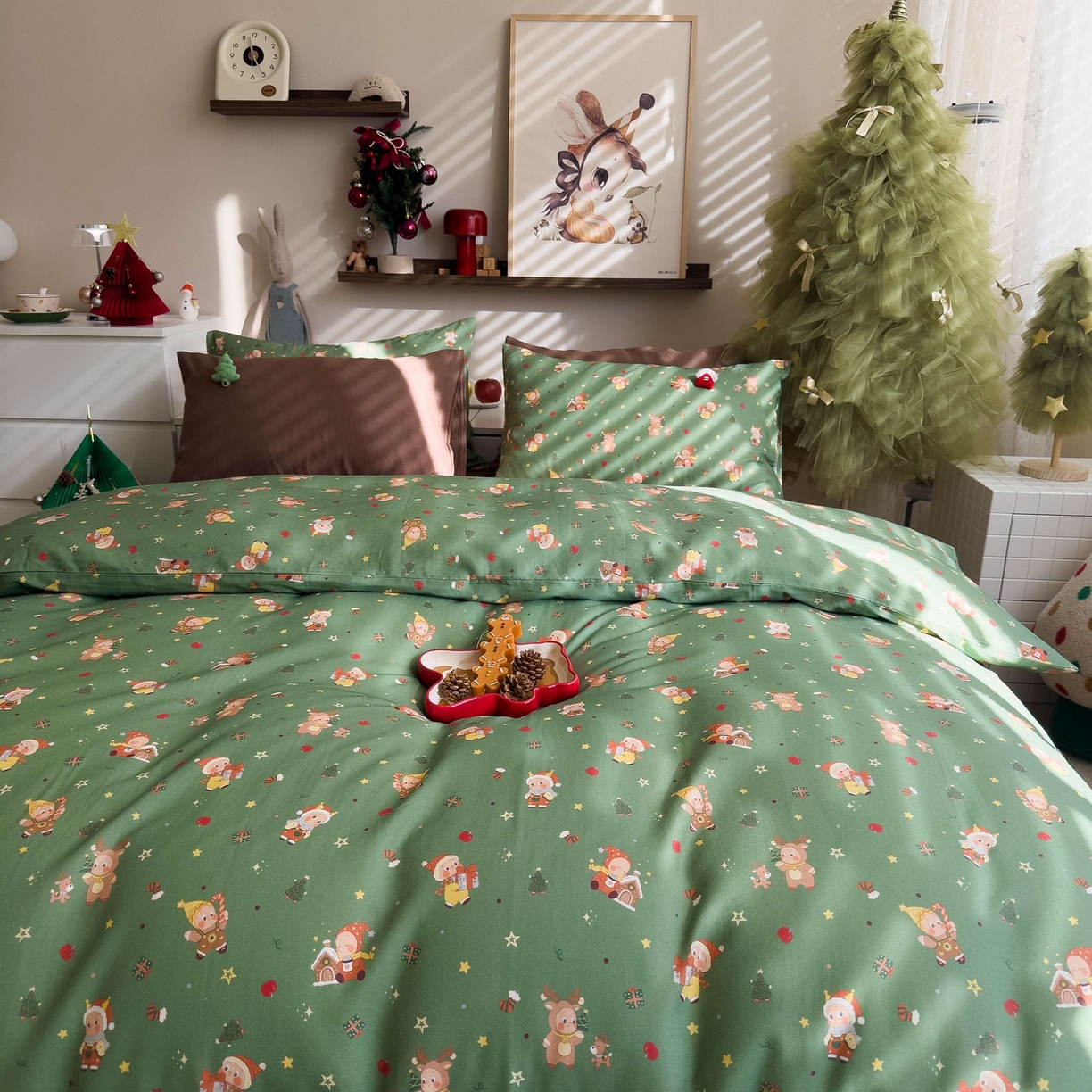 91家纺网 家纺一手货源 找家纺 呗旺鹿 2025新款全棉纯棉有氧双层纱圣诞气氛款四件套 圣诞手账 绿