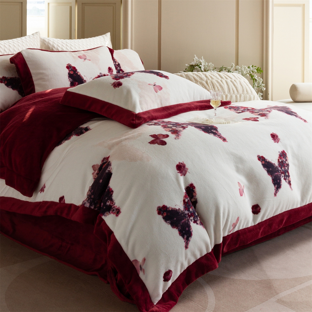 馨蕊 2025新款意大利进口煦暖绒拼角工艺秋冬轻奢煦暖绒系列四件套-绒澜心 会员-10【券后控价338/358】 绒澜心-温莎红