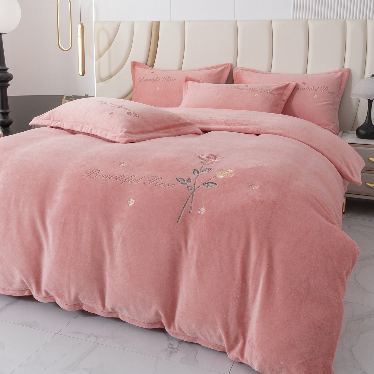 贝尔 2025新款牛奶绒刺绣四件套-花语系列 花语-玉色