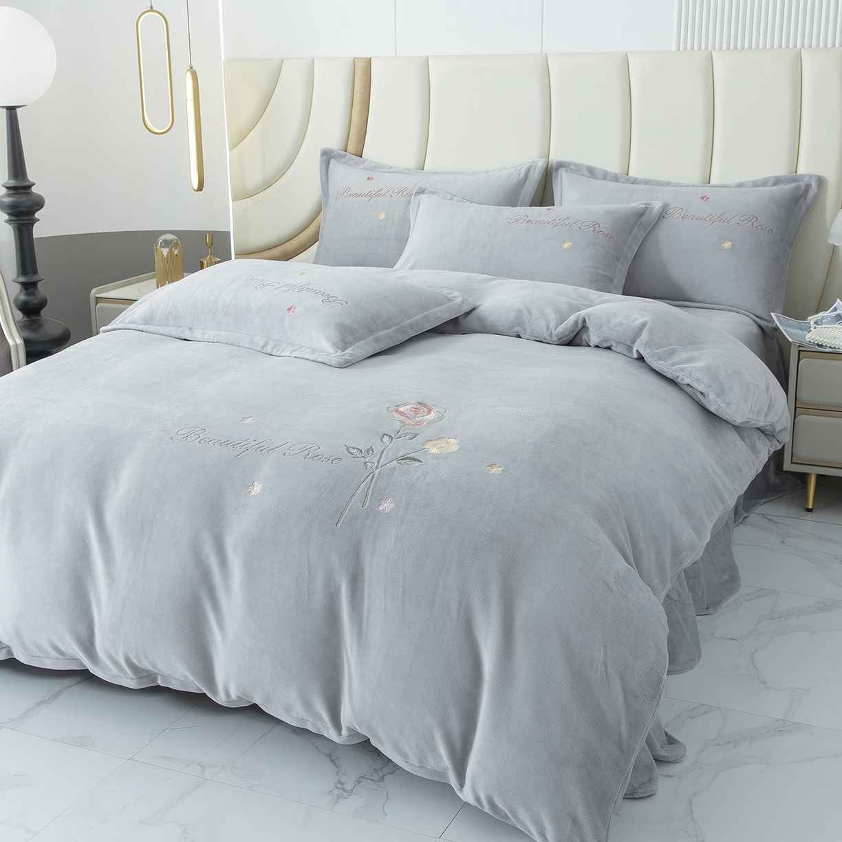 贝尔 2025新款牛奶绒刺绣四件套-花语系列 花语-高级灰