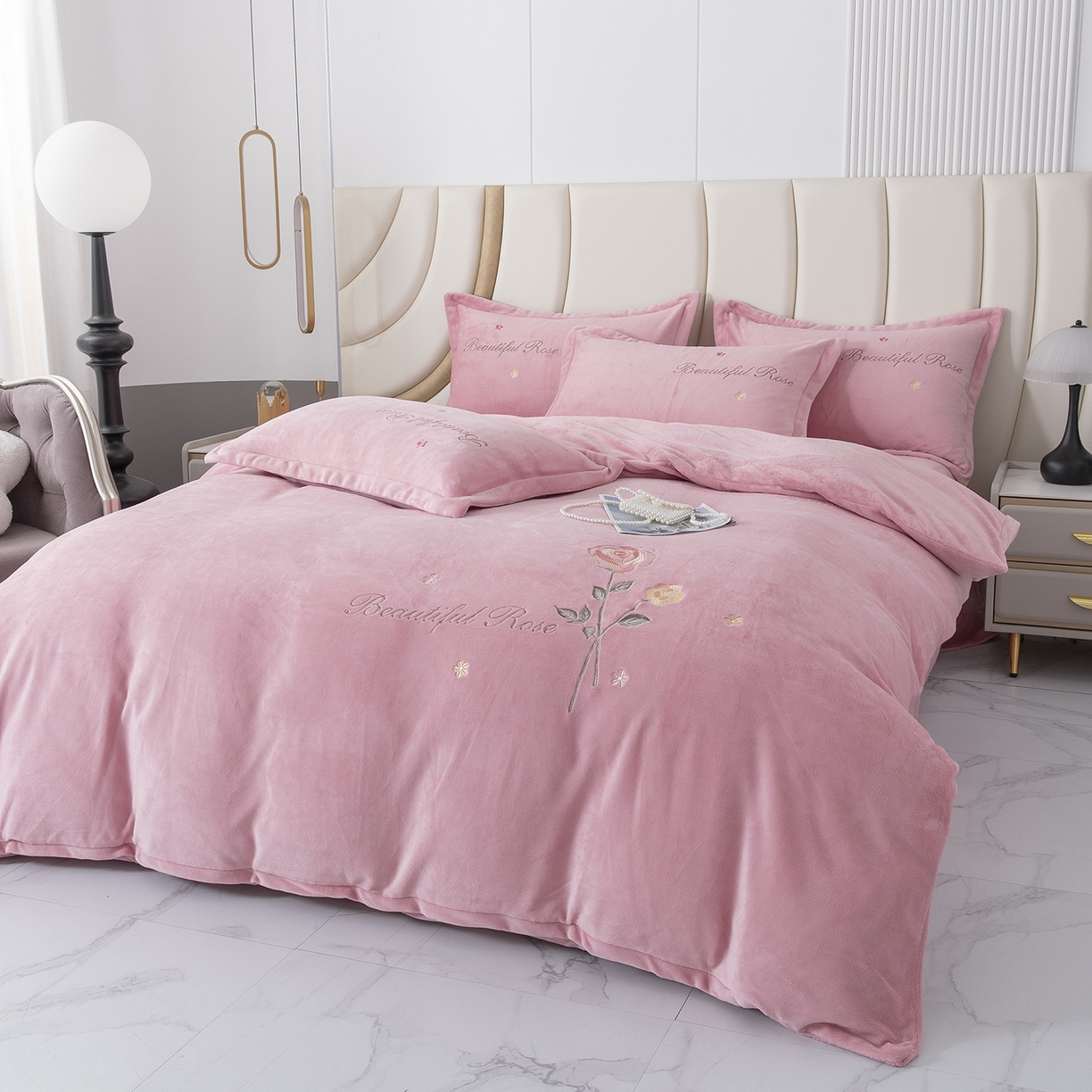 贝尔 2025新款牛奶绒刺绣四件套-花语系列 花语-粉色