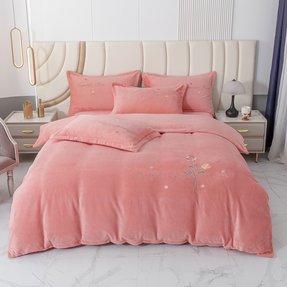 91家纺网 家纺一手货源 找家纺 贝尔 2025新款牛奶绒刺绣四件套-花语系列 花语-玉色