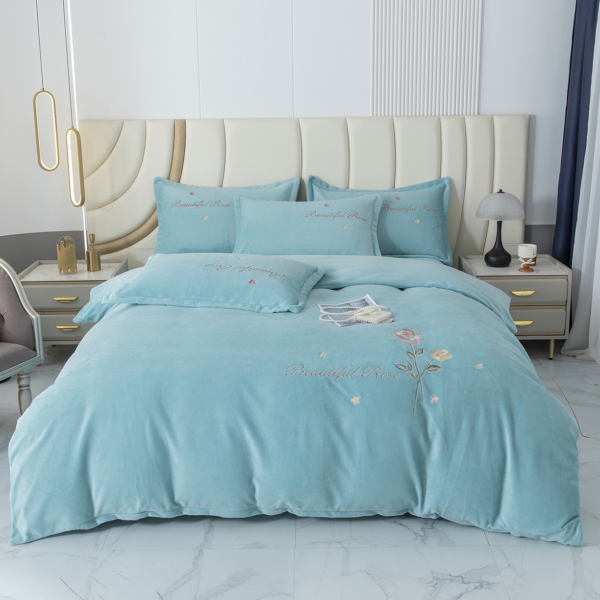 91家纺网 家纺一手货源 找家纺 贝尔 2025新款牛奶绒刺绣四件套-花语系列 花语-浅绿