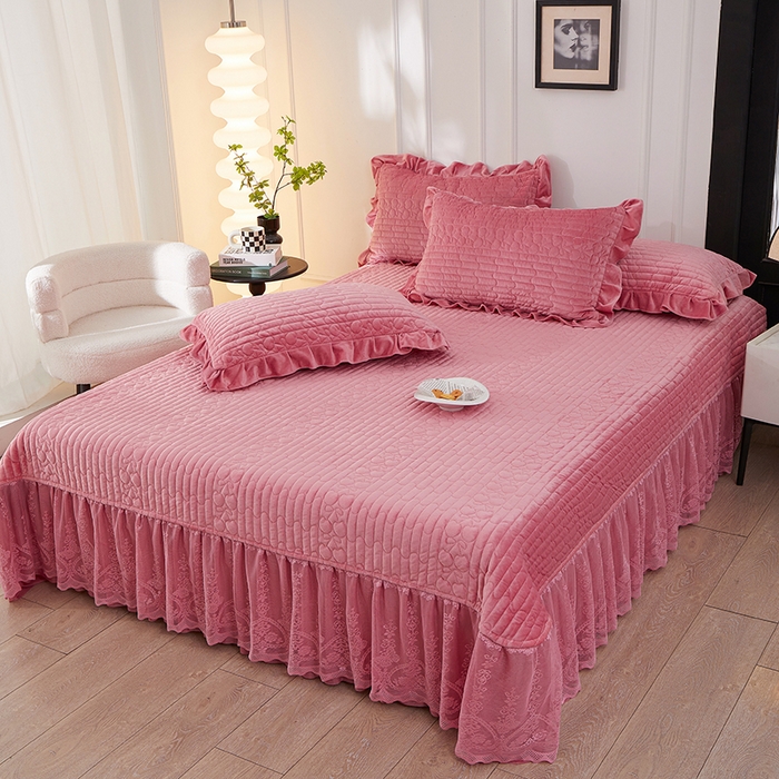 程百万家纺 2025新款A类婴儿绒夹棉加厚床裙床盖 豆沙