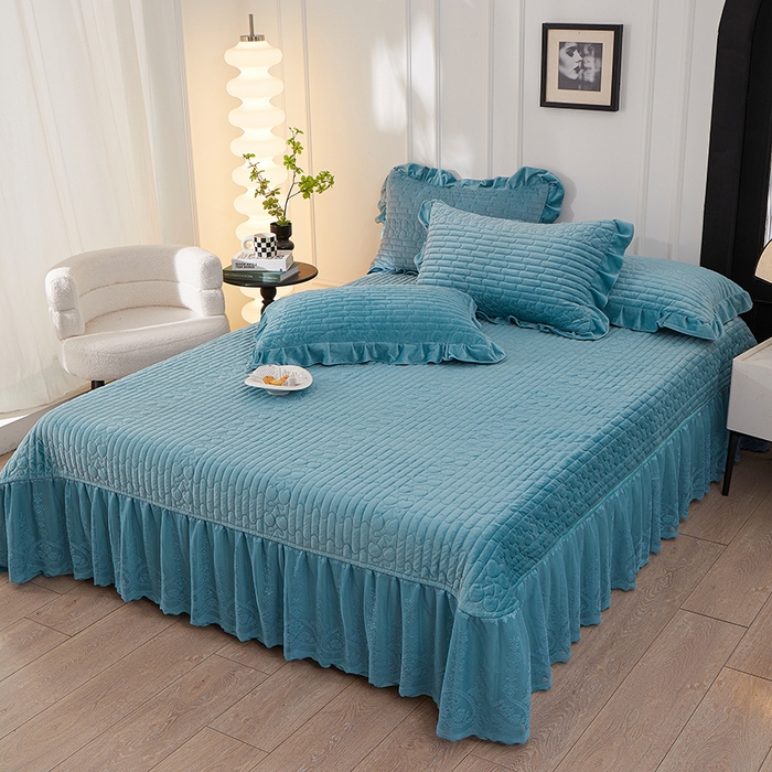 程百万家纺 2025新款A类婴儿绒夹棉加厚床裙床盖 宝蓝