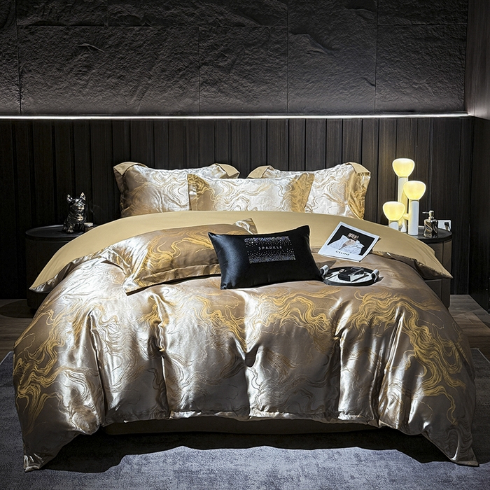 91家纺网 家纺一手货源 找家纺 七夜居 2025新款直播爆款欧式轻奢贡缎提花磨毛四件套 流金溢彩