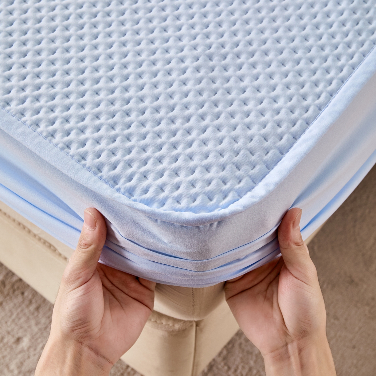 91家纺网 家纺一手货源 找家纺 永旺家纺 2025新款纯色印花防水床笠-西高地系列 蓝西高地