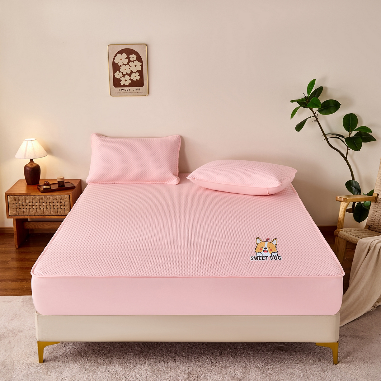 永旺家纺 2025新款纯色防水床笠-柯基系列 粉柯基