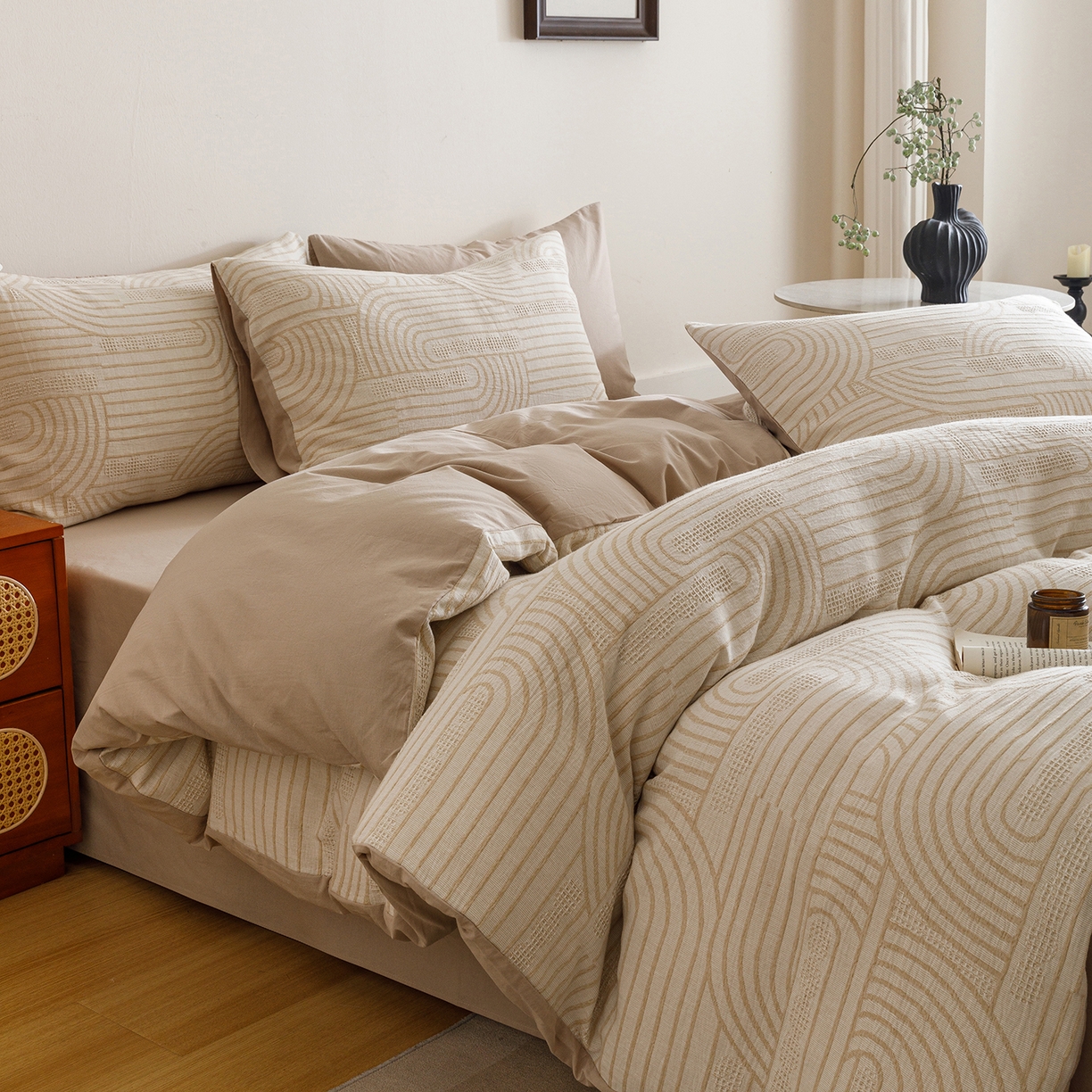 春皖家纺 2026新款A类全棉双层纱AB版简约四件套 瑞拉-咖