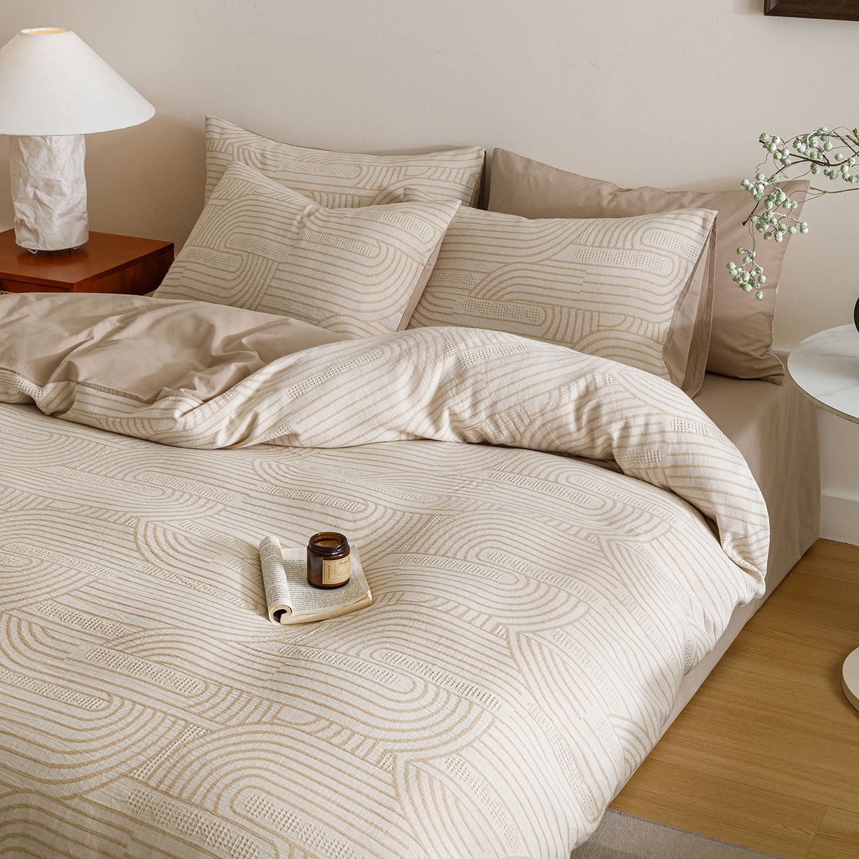 91家纺网 家纺一手货源 找家纺 春皖家纺 2026新款A类全棉双层纱AB版简约四件套 瑞拉-咖