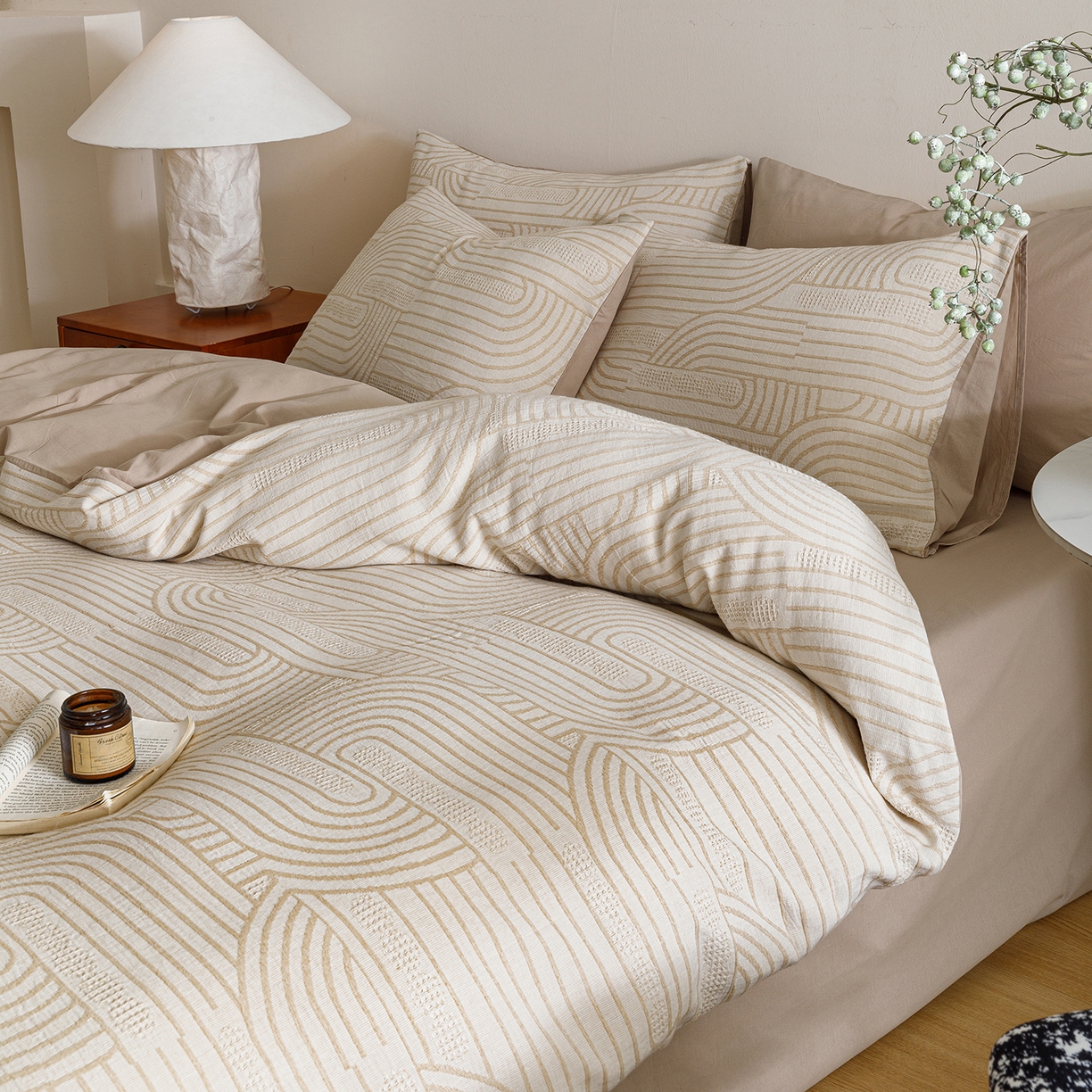 91家纺网 家纺一手货源 找家纺 春皖家纺 2026新款A类全棉双层纱AB版简约四件套 瑞拉-咖