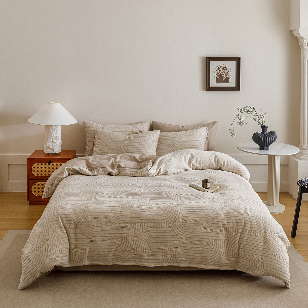 91家纺网 家纺一手货源 找家纺 春皖家纺 2026新款A类全棉双层纱AB版简约四件套 瑞拉-咖