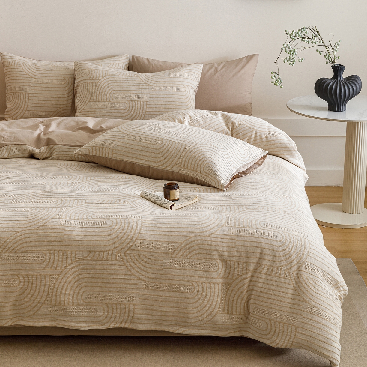 91家纺网 家纺一手货源 找家纺 春皖家纺 2026新款A类全棉双层纱AB版简约四件套 瑞拉-咖