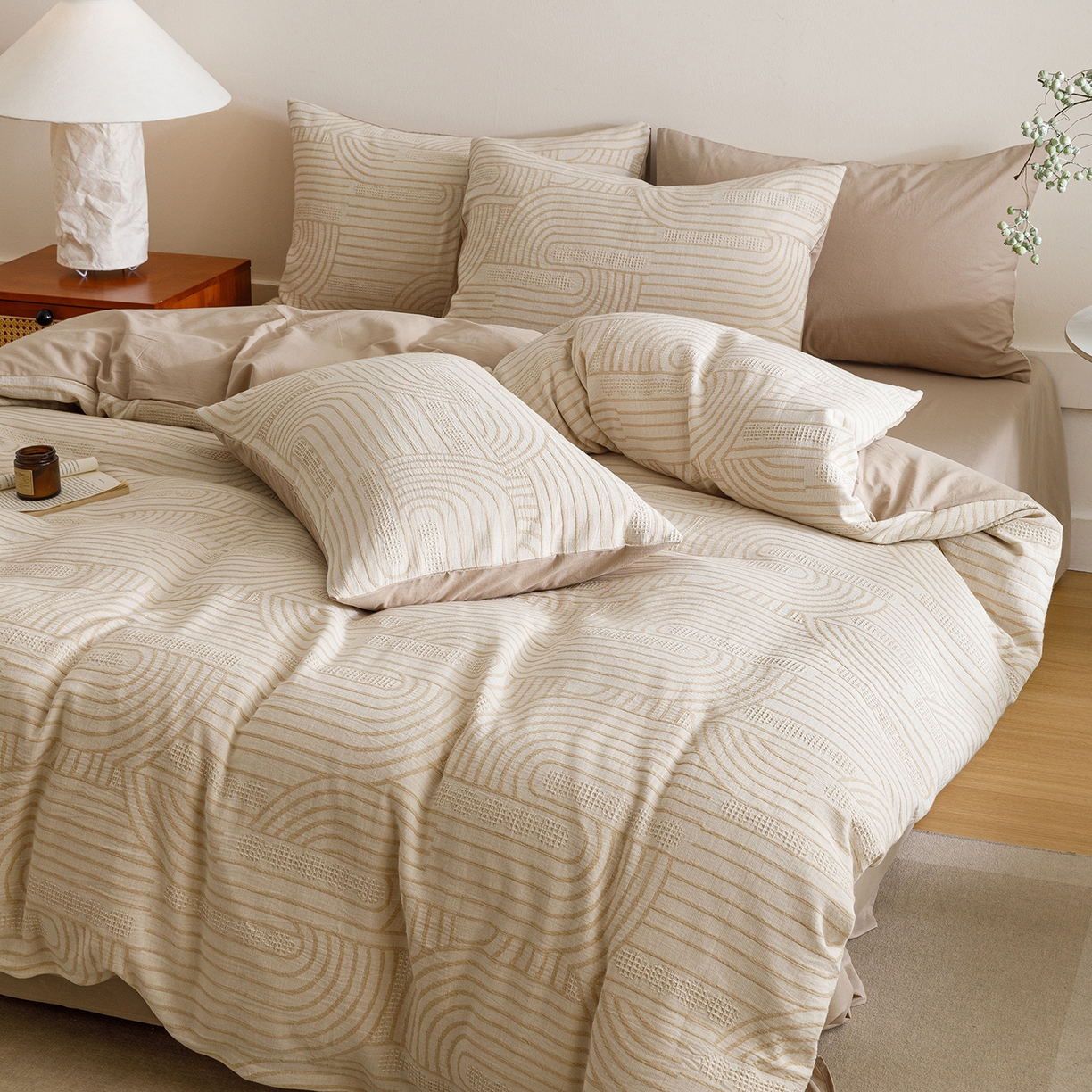 91家纺网 家纺一手货源 找家纺 春皖家纺 2026新款A类全棉双层纱AB版简约四件套 瑞拉-咖