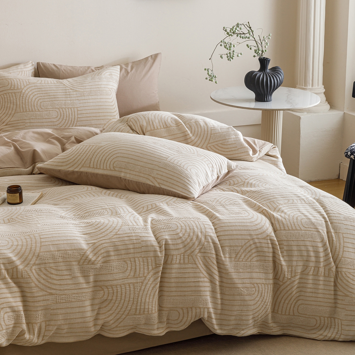 91家纺网 家纺一手货源 找家纺 春皖家纺 2026新款A类全棉双层纱AB版简约四件套 瑞拉-咖