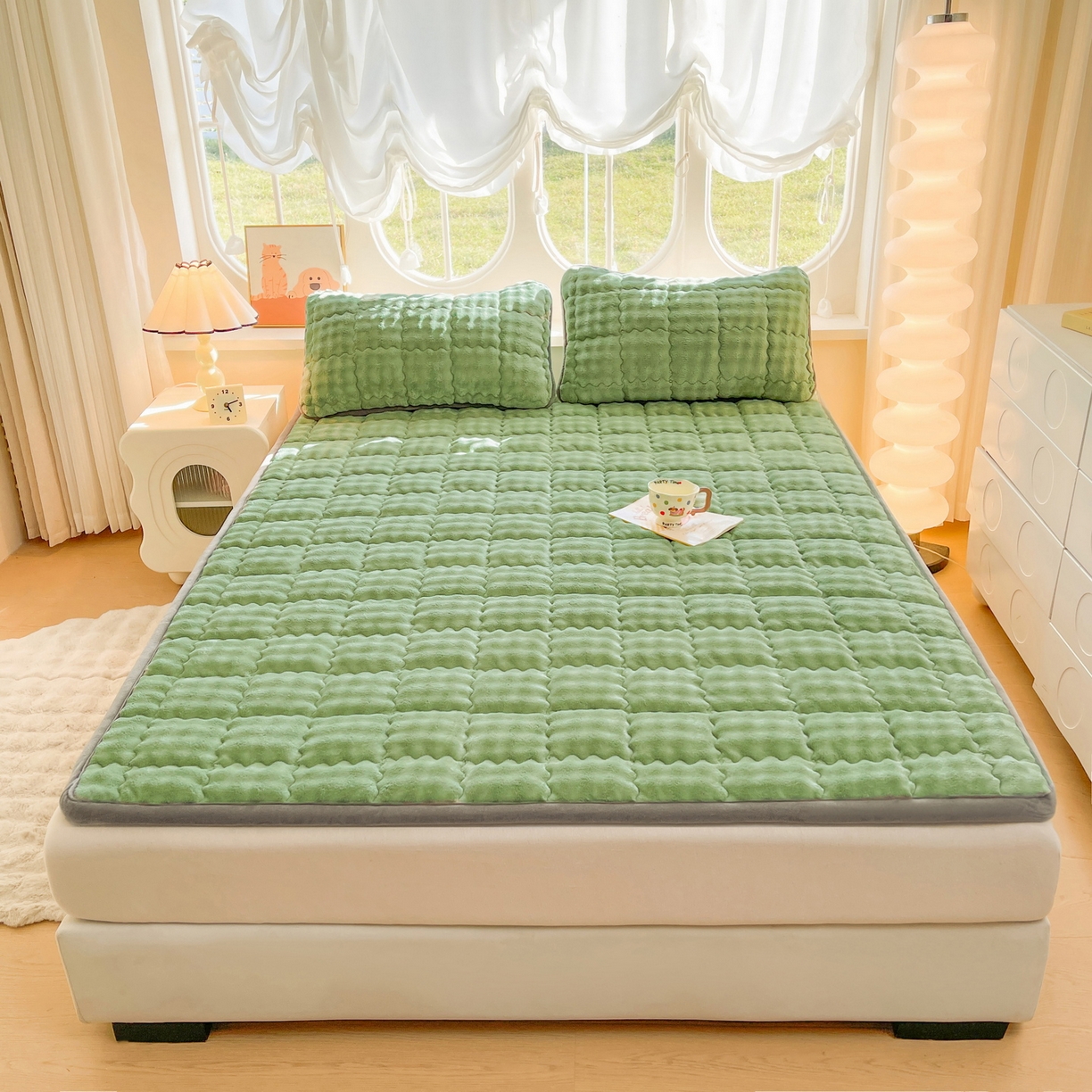 91家纺网 家纺一手货源 找家纺 奇丝雅 2025新款A类牛奶绒泡泡绒床褥床垫床盖兔毛绒家用学生宿舍上下铺寝室褥子软垫床护垫夹棉（大床） 清新绿