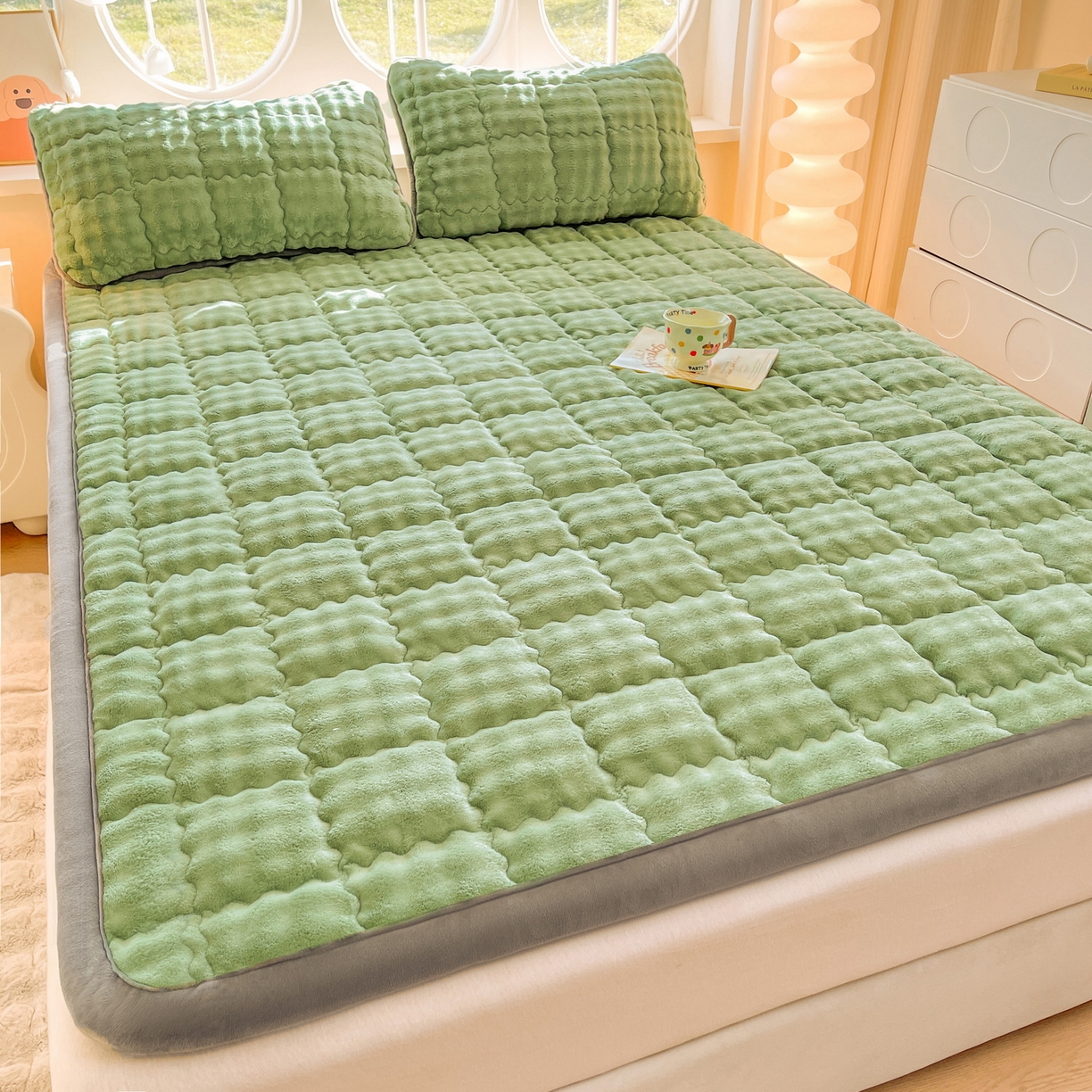 91家纺网 家纺一手货源 找家纺 奇丝雅 2025新款A类牛奶绒泡泡绒床褥床垫床盖兔毛绒家用学生宿舍上下铺寝室褥子软垫床护垫夹棉（大床） 清新绿