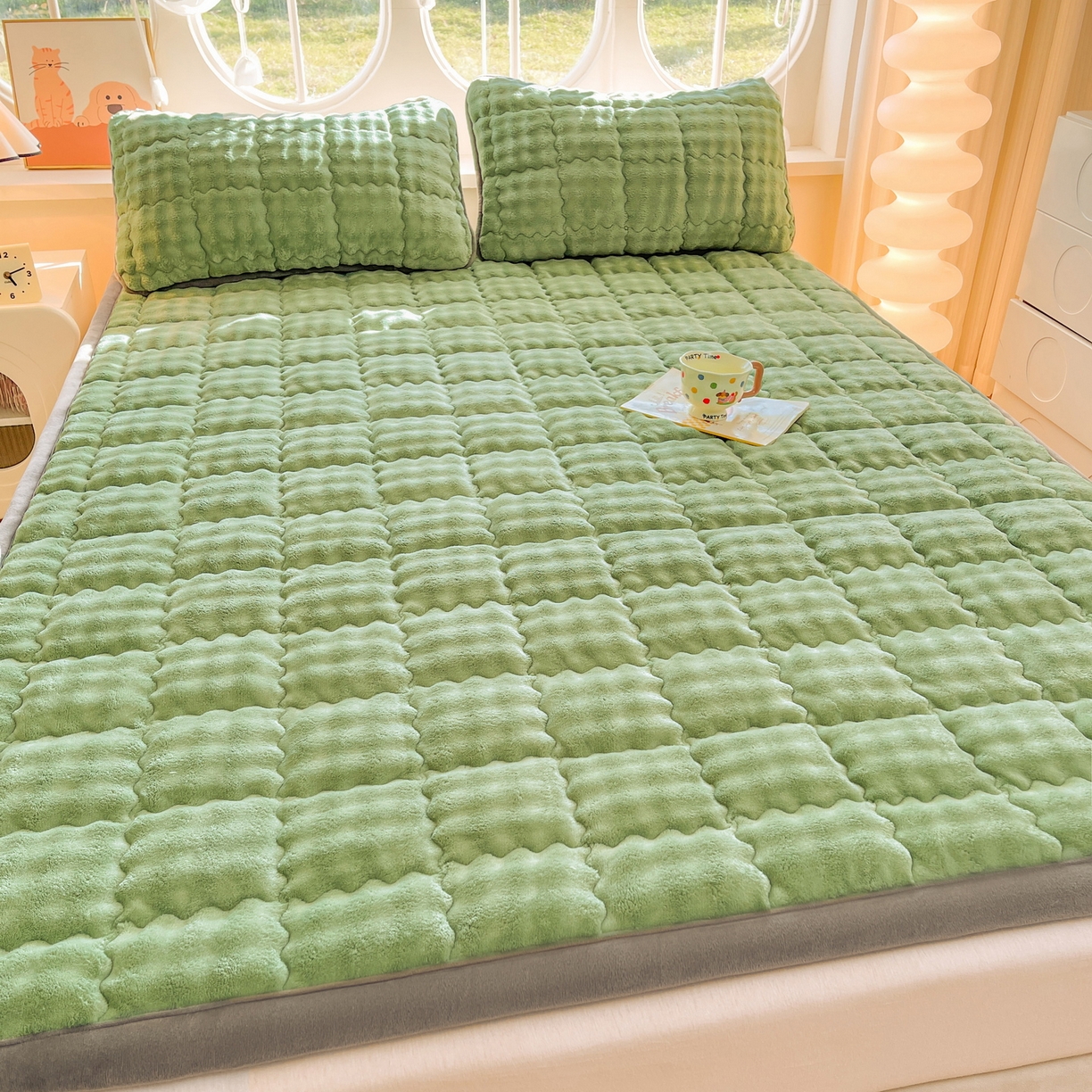 91家纺网 家纺一手货源 找家纺 奇丝雅 2025新款A类牛奶绒泡泡绒床褥床垫床盖兔毛绒家用学生宿舍上下铺寝室褥子软垫床护垫夹棉（大床） 清新绿
