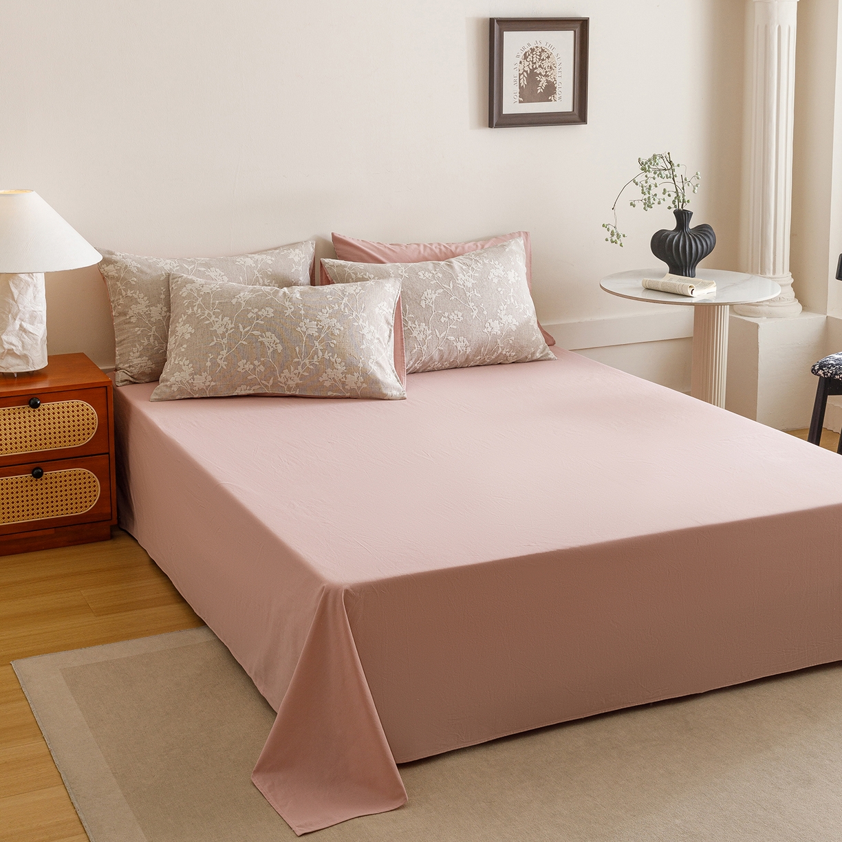 91家纺网 家纺一手货源 找家纺 春皖家纺 2026新款A类全棉双层纱AB版简约四件套 花笺