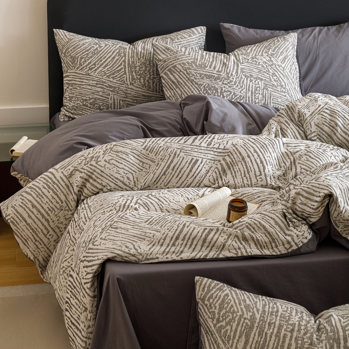 91家纺网 家纺一手货源 找家纺 春皖家纺 2026新款A类全棉双层纱AB版简约四件套 棱序