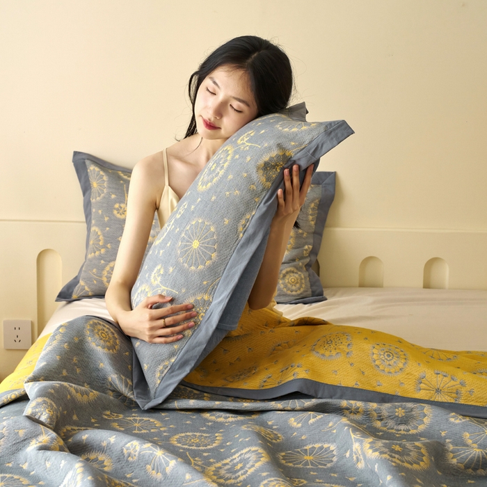 91家纺网 家纺一手货源 找家纺 棠薇家纺 2025新款三层纱布枕套单条装一对装枕头套加大加厚48*74cm枕芯套 朵朵蒲英黄