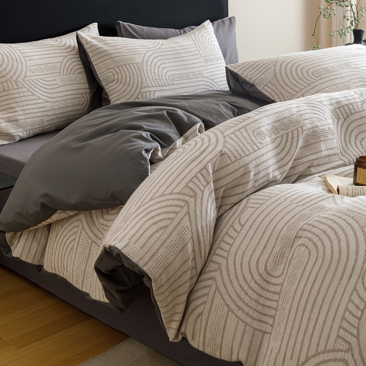 春皖家纺 2026新款A类全棉双层纱AB版简约四件套 瑞拉-灰