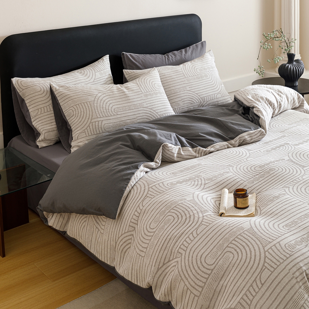 91家纺网 家纺一手货源 找家纺 春皖家纺 2026新款A类全棉双层纱AB版简约四件套 瑞拉-灰