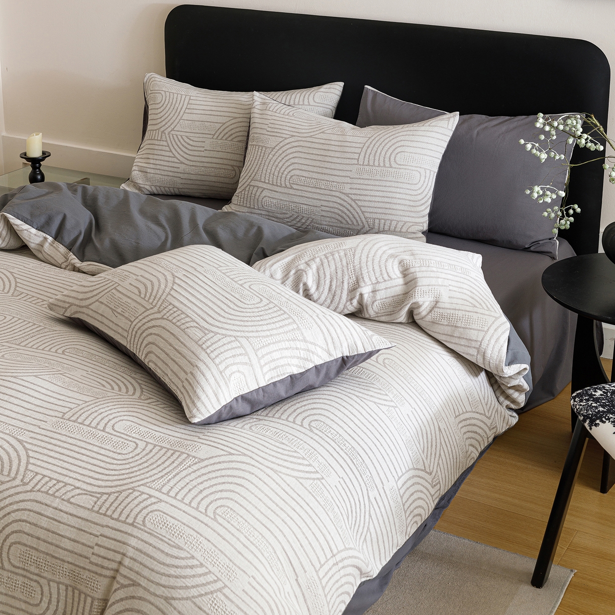 91家纺网 家纺一手货源 找家纺 春皖家纺 2026新款A类全棉双层纱AB版简约四件套 瑞拉-灰