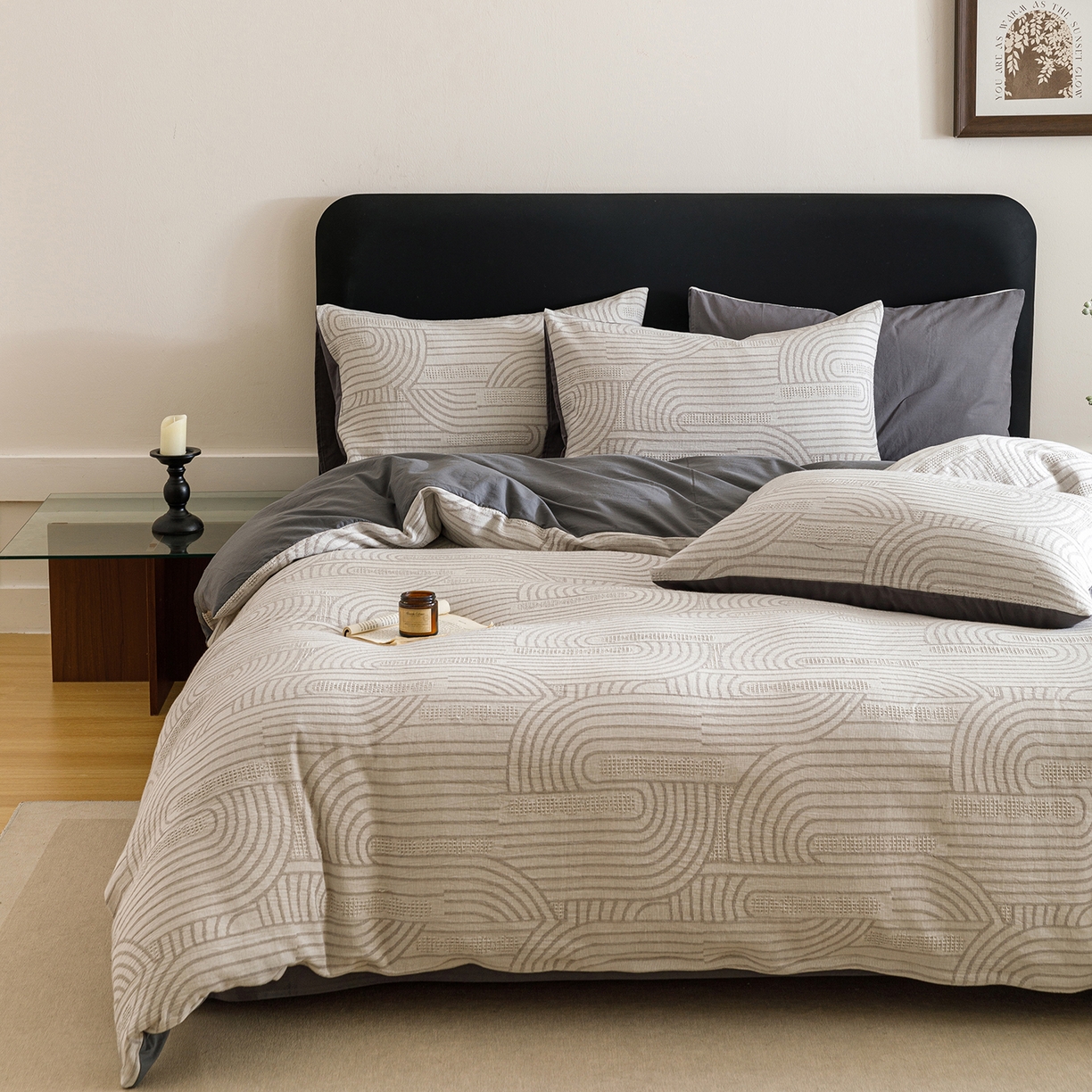 91家纺网 家纺一手货源 找家纺 春皖家纺 2026新款A类全棉双层纱AB版简约四件套 瑞拉-灰