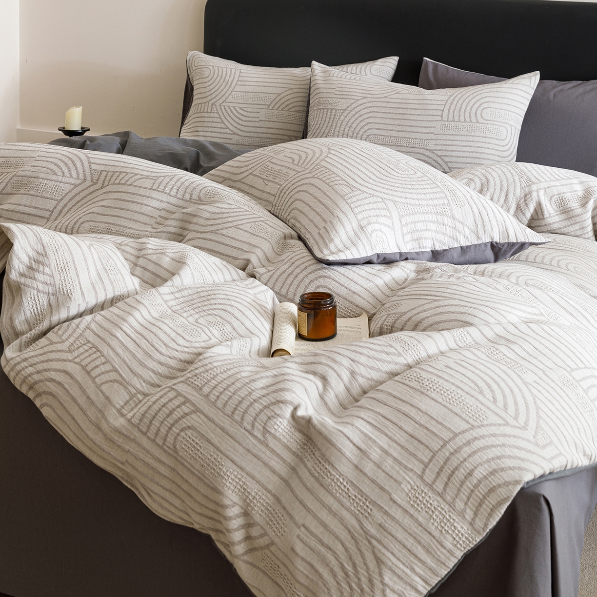 91家纺网 家纺一手货源 找家纺 春皖家纺 2026新款A类全棉双层纱AB版简约四件套 瑞拉-灰