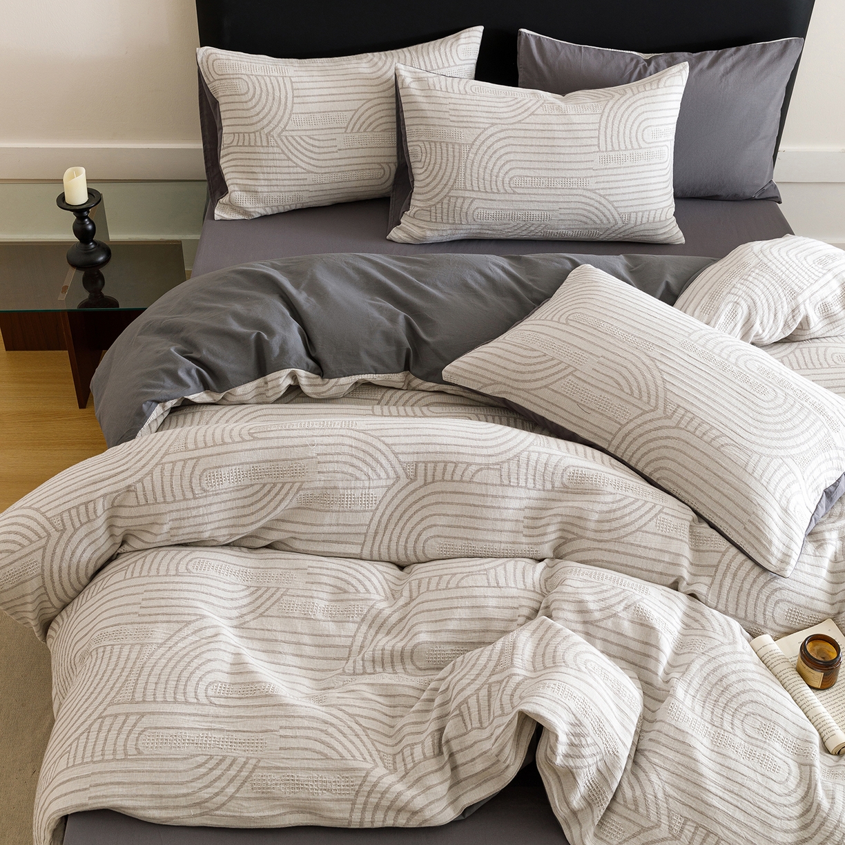 91家纺网 家纺一手货源 找家纺 春皖家纺 2026新款A类全棉双层纱AB版简约四件套 瑞拉-灰