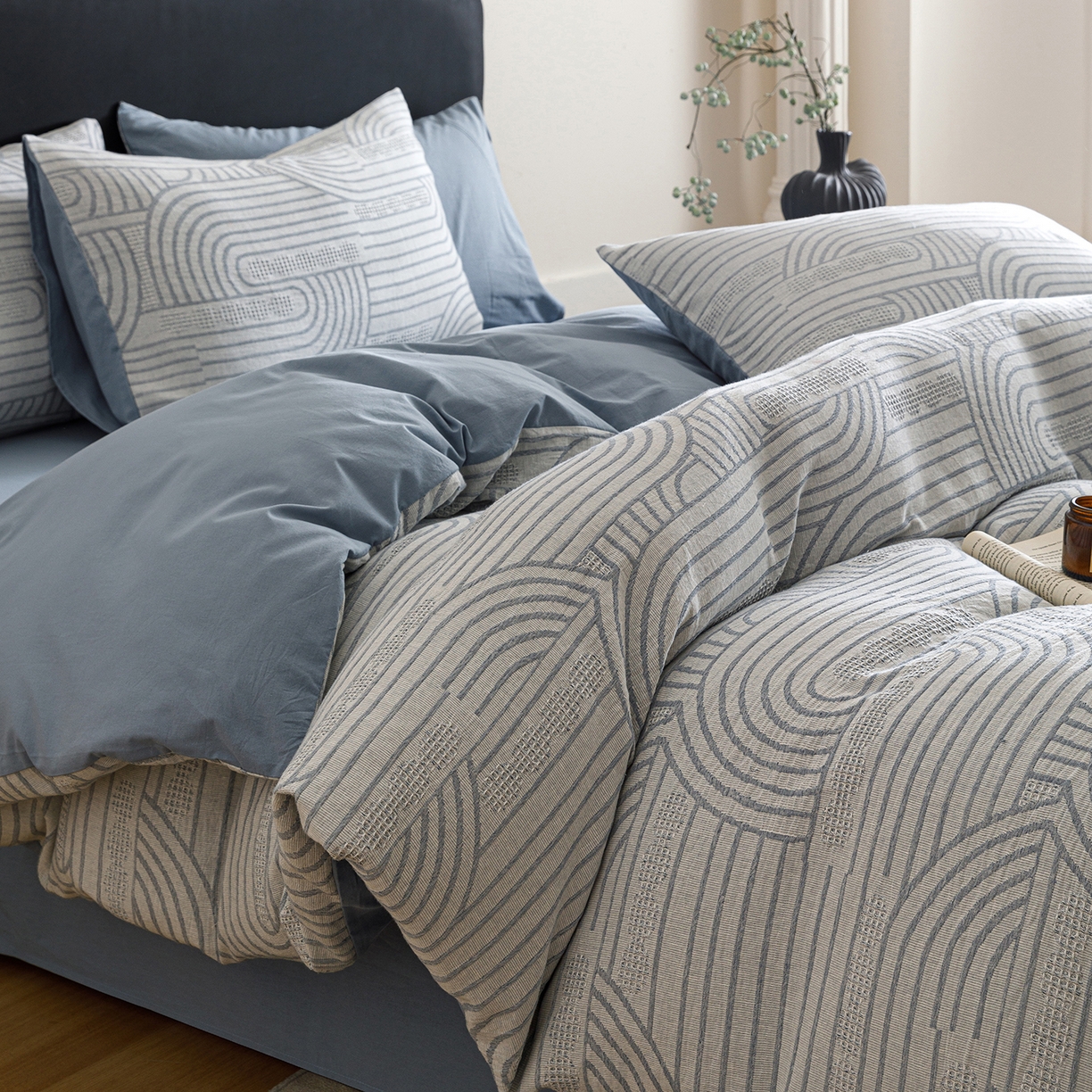 春皖家纺 2026新款A类全棉双层纱AB版简约四件套 瑞拉-蓝