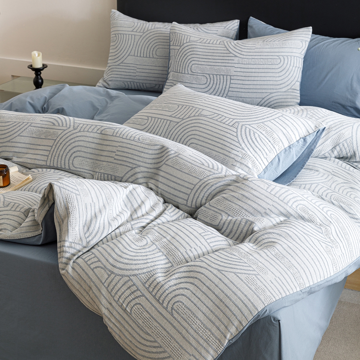 91家纺网 家纺一手货源 找家纺 春皖家纺 2026新款A类全棉双层纱AB版简约四件套 瑞拉-蓝