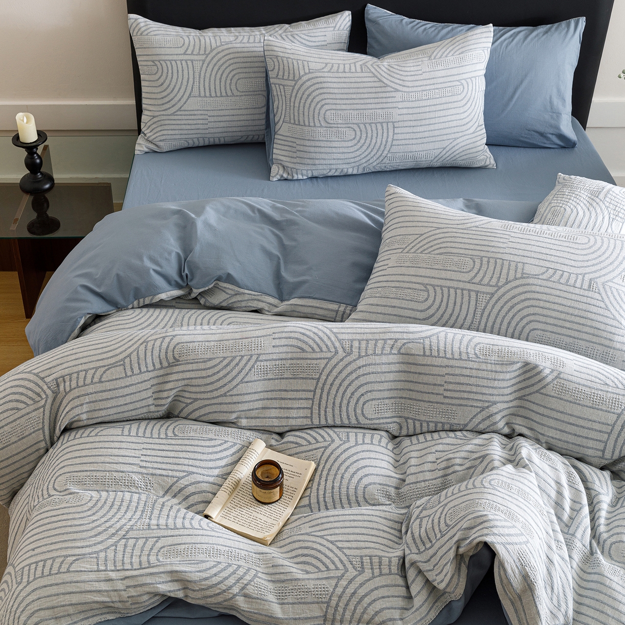 91家纺网 家纺一手货源 找家纺 春皖家纺 2026新款A类全棉双层纱AB版简约四件套 瑞拉-蓝