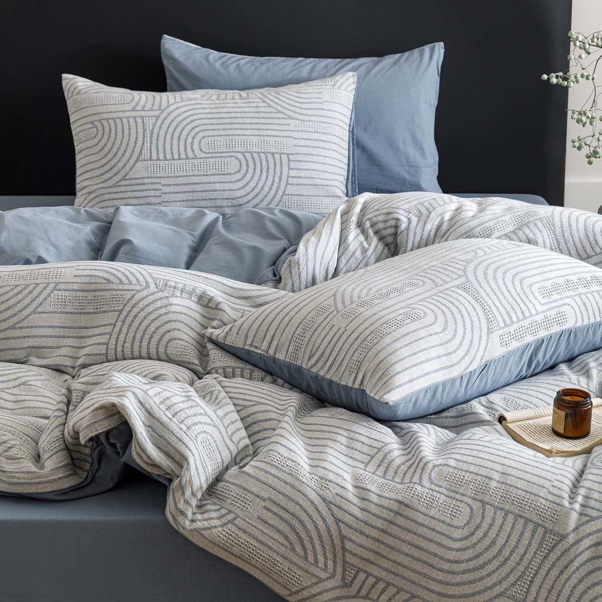 91家纺网 家纺一手货源 找家纺 春皖家纺 2026新款A类全棉双层纱AB版简约四件套 瑞拉-蓝