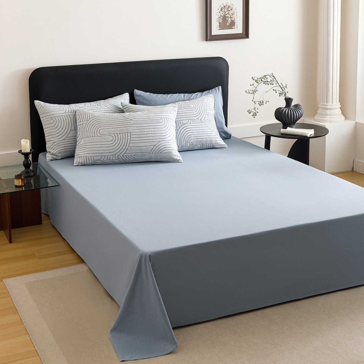 91家纺网 家纺一手货源 找家纺 春皖家纺 2026新款A类全棉双层纱AB版简约四件套 瑞拉-蓝