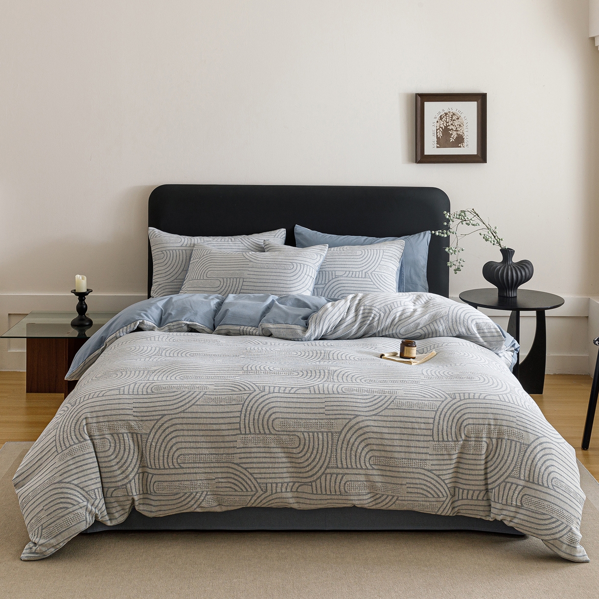 91家纺网 家纺一手货源 找家纺 春皖家纺 2026新款A类全棉双层纱AB版简约四件套 瑞拉-蓝