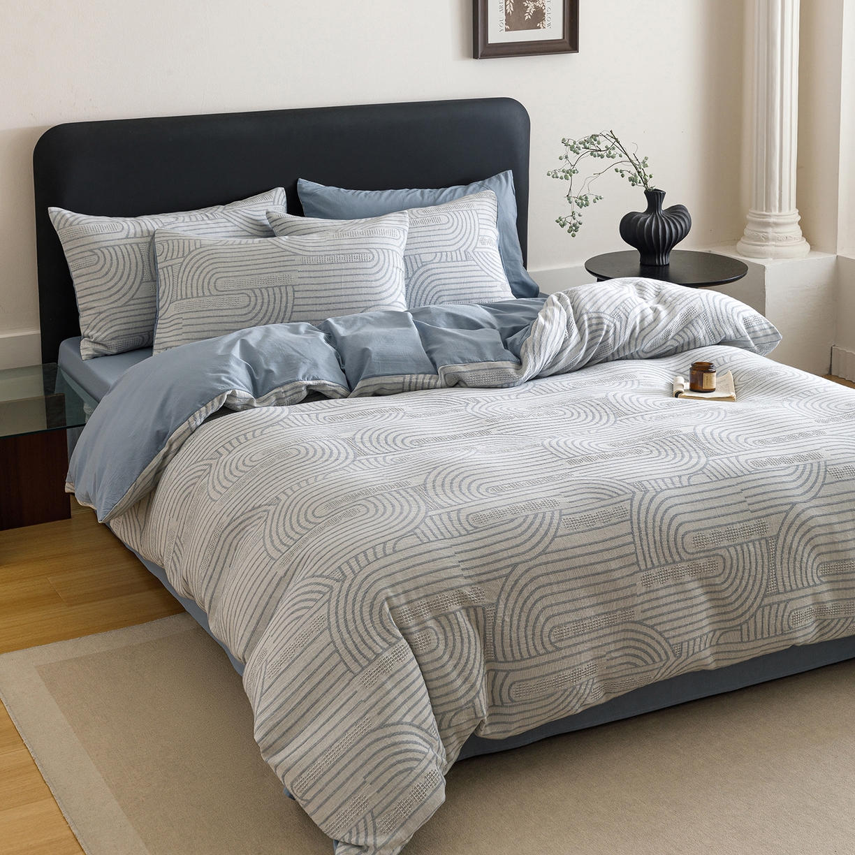 91家纺网 家纺一手货源 找家纺 春皖家纺 2026新款A类全棉双层纱AB版简约四件套 瑞拉-蓝