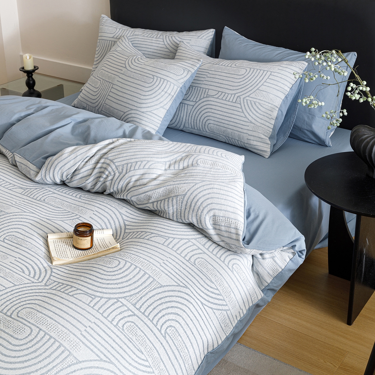 91家纺网 家纺一手货源 找家纺 春皖家纺 2026新款A类全棉双层纱AB版简约四件套 瑞拉-蓝