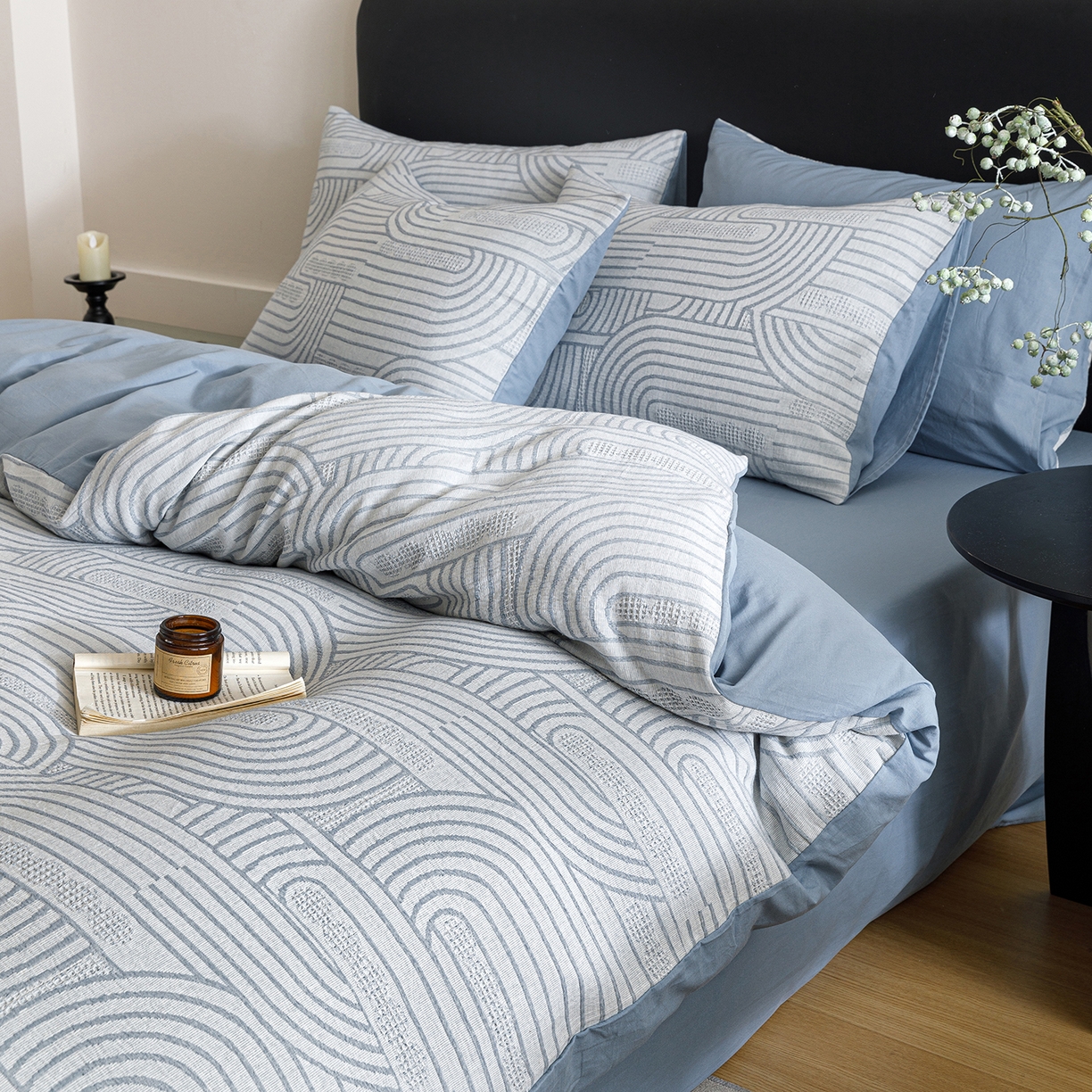 91家纺网 家纺一手货源 找家纺 春皖家纺 2026新款A类全棉双层纱AB版简约四件套 瑞拉-蓝