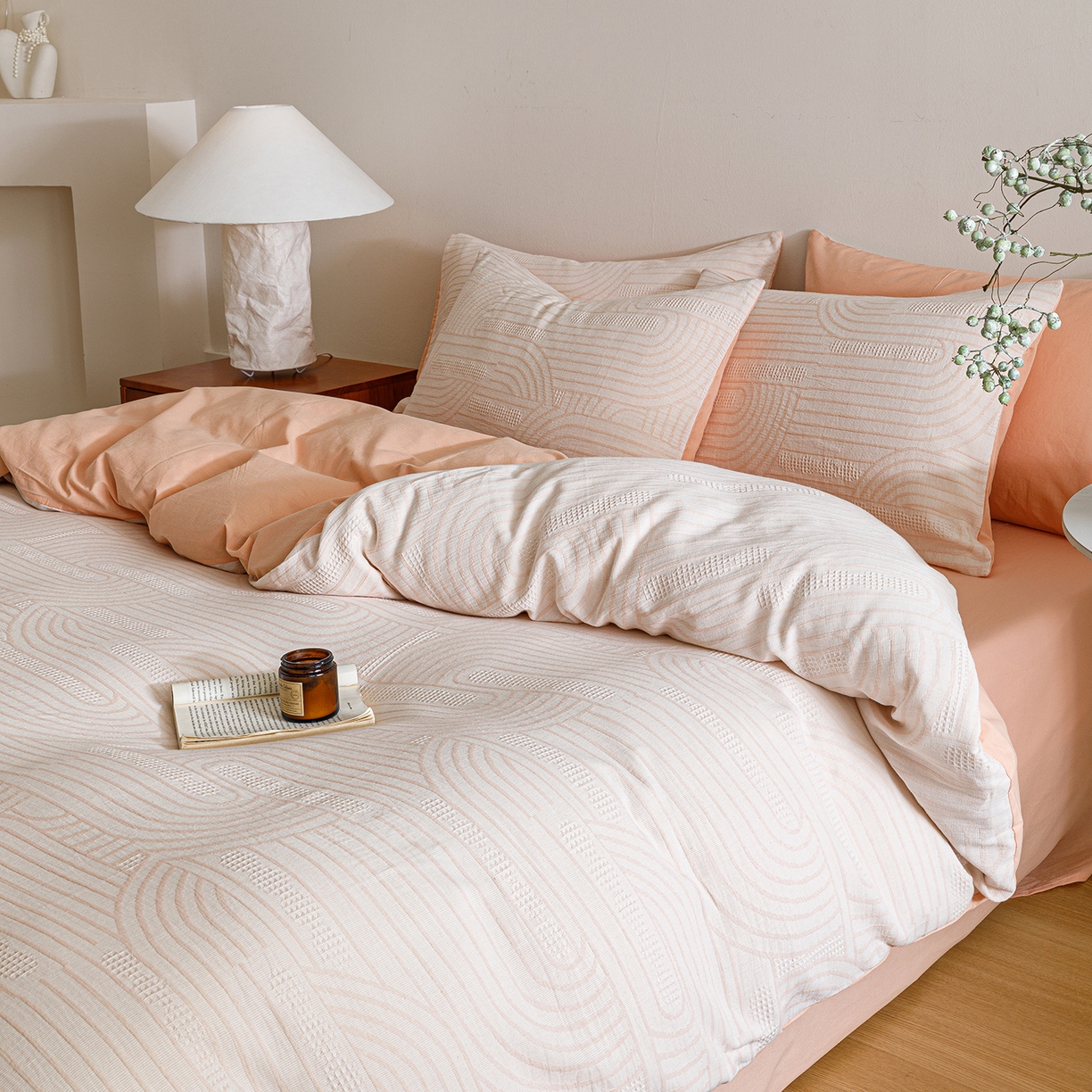 91家纺网 家纺一手货源 找家纺 春皖家纺 2026新款A类全棉双层纱AB版简约四件套 瑞拉-玉